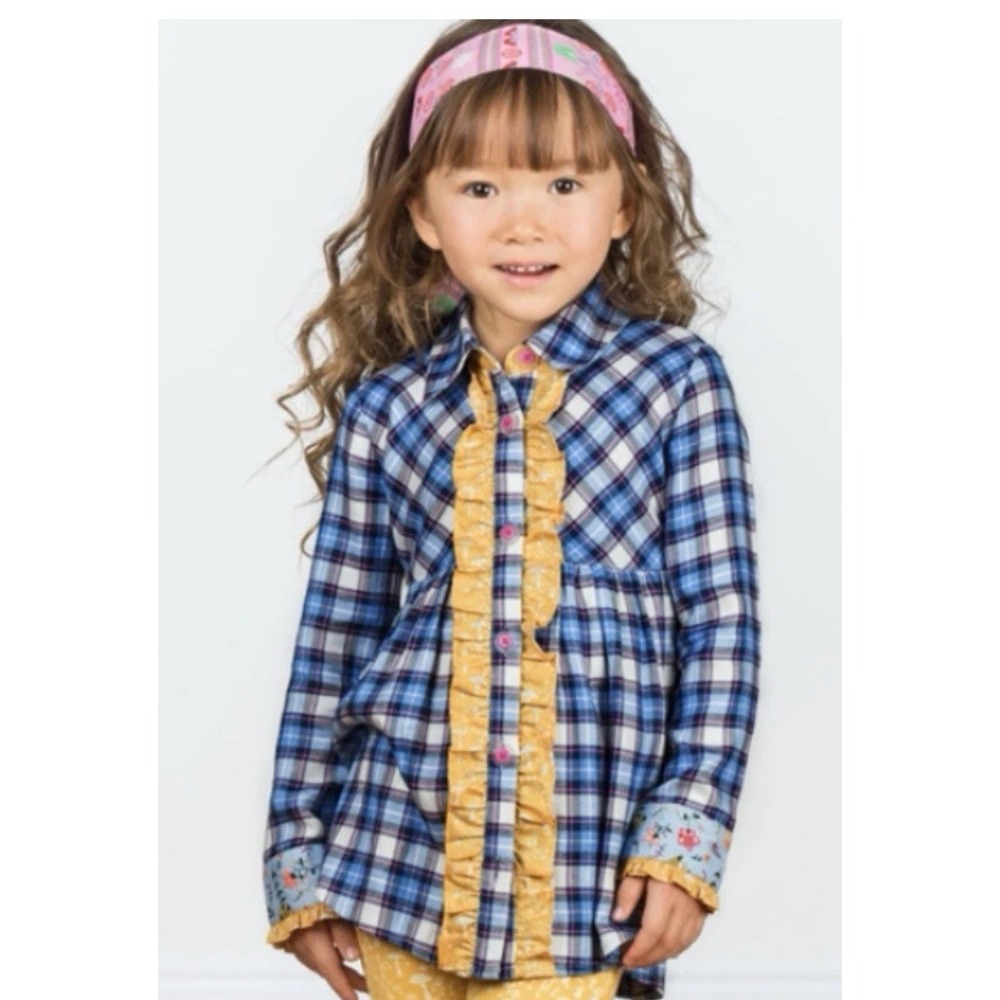 Matilda Jane Girls Blue Plaid Ruffle Button Down Top Size 6 Peplum Blouse